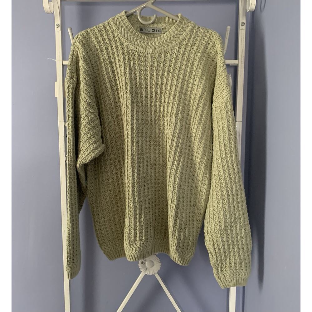 Studio cable knit men’s sweater mint green linen cotton LG fisherman preppy